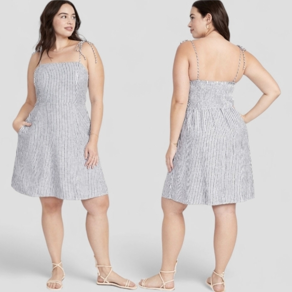 NWT Old Navy Fit & Flare Tie-Strap Linen Mini Dress XL White Blue Babydoll